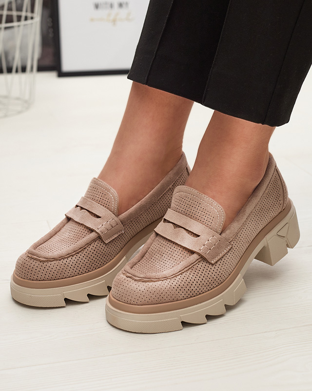 Светлокафяви дамски ажурни мокасини с масивна подметка Ejina - Обувки