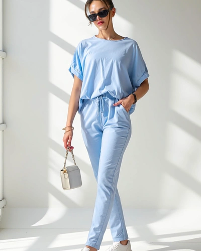 Royalfashion Дамски памучен комплект с къс ръкав и прави панталони
