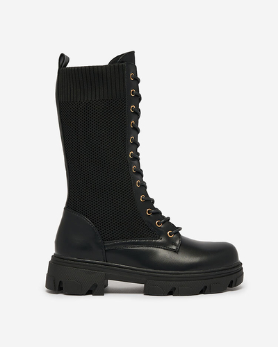 Royalfashion Ажурни черни дамски ботуши с плосък ток Kaliffo