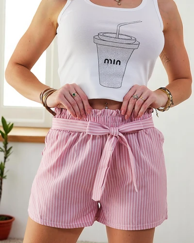 Къси панталони Royalfashion за жени с еластична лента и връзки на талията в райе