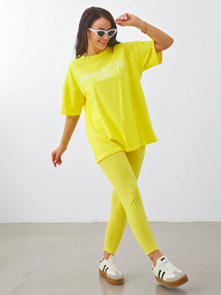 Royalfashion Памучен комплект за жени с къси ръкави и легинси