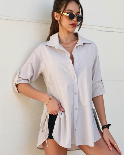 Роялфешън По-дълга дамска раирана памучна риза с връзка на талията