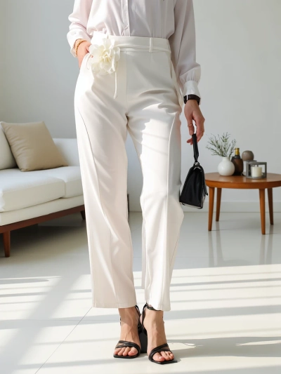 Royalfashion Вискозни прави дамски панталони с цвете