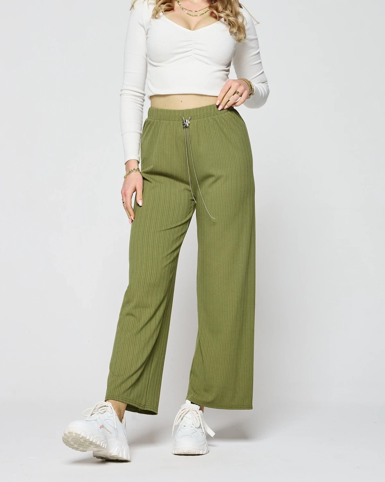 Зелен широк дамски панталон с ребра - Облекло