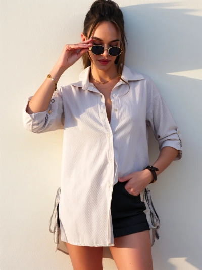 Роялфешън По-дълга дамска раирана памучна риза с връзка на талията