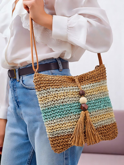 Royalfashion Малка сламена дамска чанта с райета, декоративен висулка Мини