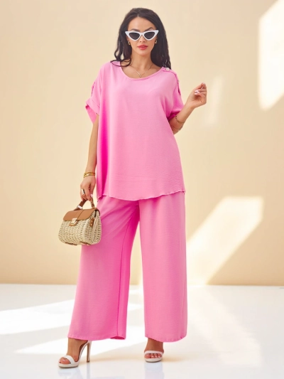 Royalfashion Дамски памучен комплект с къси ръкави и широки панталони