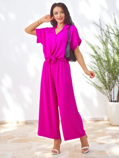 Royalfashion Дамски комплект с вързан къс ръкав и фланелки с камъни