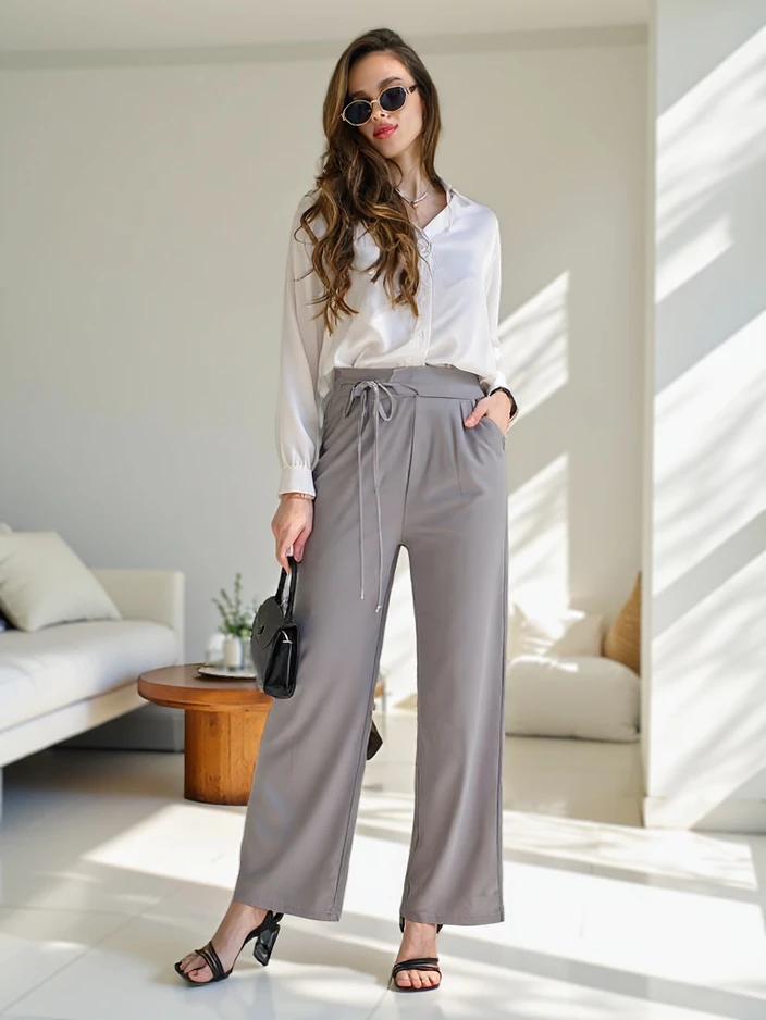 Royalfashion Широки дамски панталони с връзка отстрани