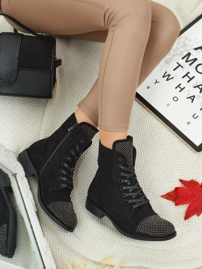 Дамски еко велурени боти с връзки и цирконии Marvelli