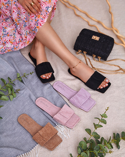 Fioletowe damskie eko-zamszowe płaskie klapki Nesico - Obuwie