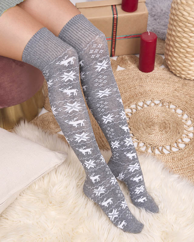 Дамски коледни чорапи над коляното в светло сиво- Бельо