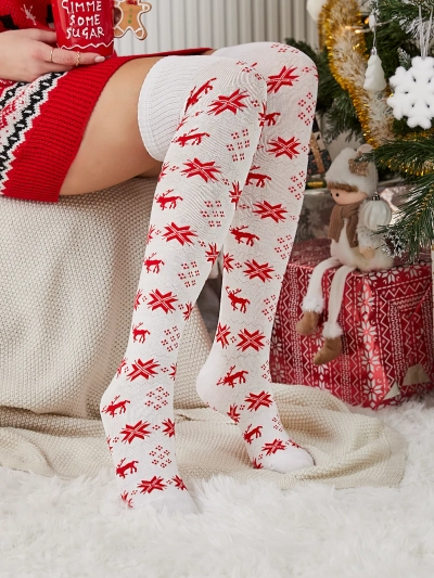 Royalfashion Дамски коледни чорапи над коляното в бяло