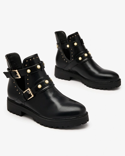 Royalfashion Черни дамски ботуши с украса и плосък ток Pearl Elegance