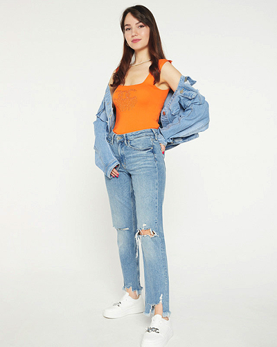 Pomarańczowy damski top z cyrkoniami - Odzież