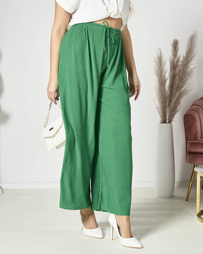 Дамски широки плисирани панталони палацо в зелено - Облекло