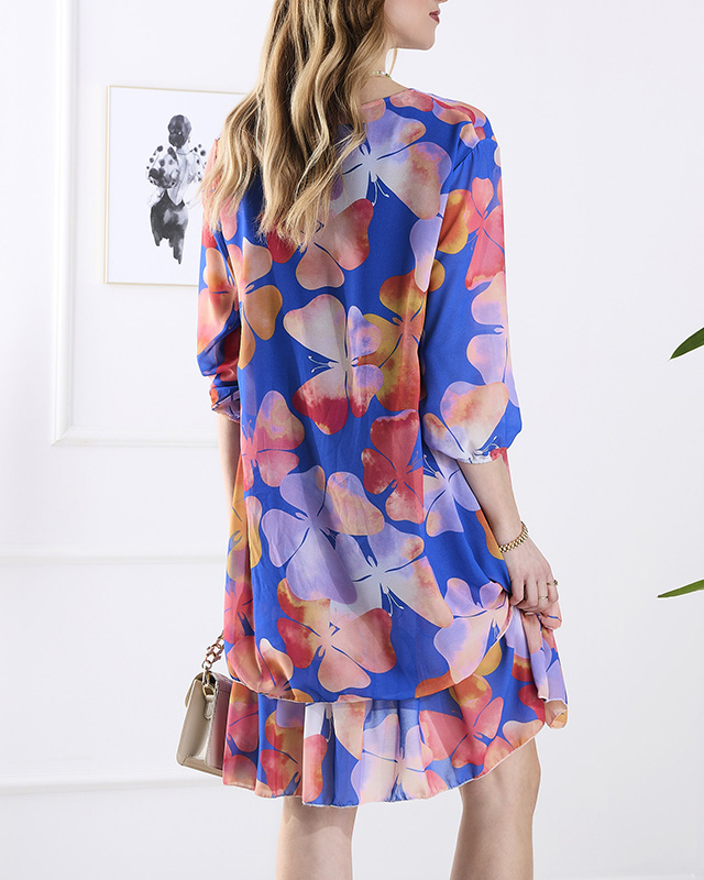 Морско синя дамска рокля до коляното с щампа и волан - Облекло