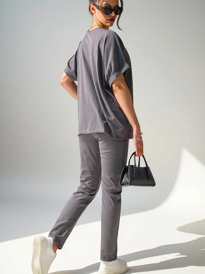 Royalfashion дамски комплект от памук с къси ръкави и прави панталони