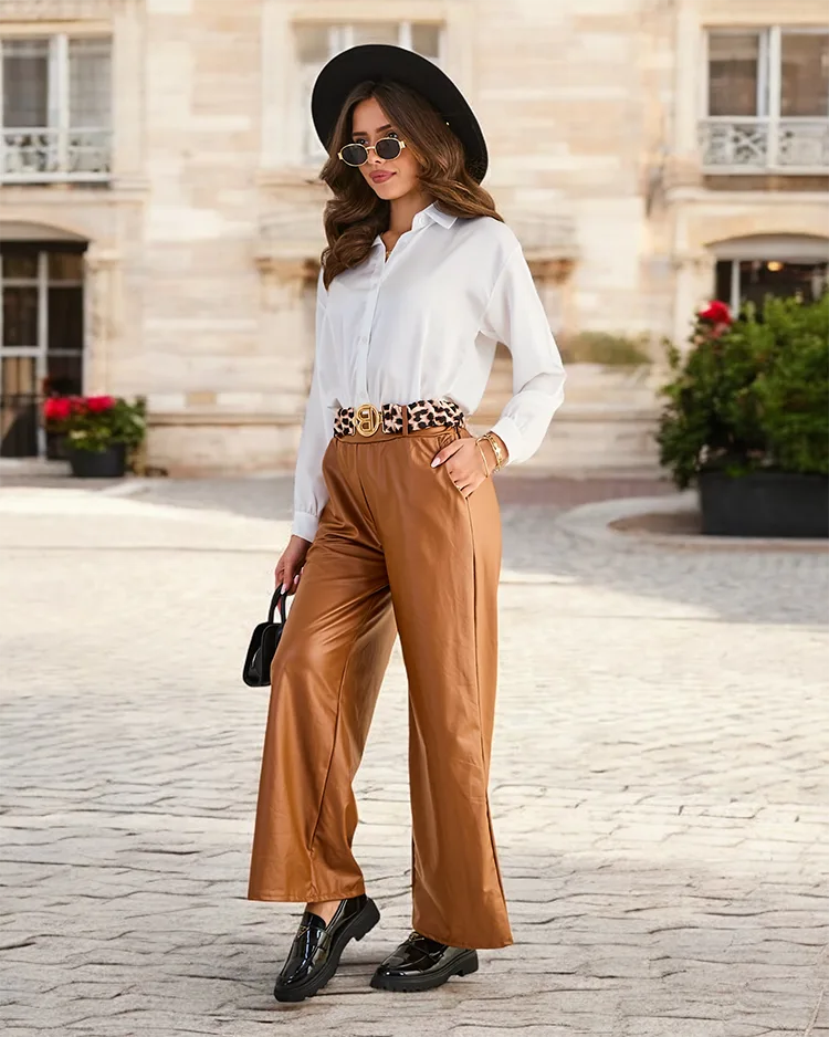 Royalfashion Широки дамски панталони от еко-кожа