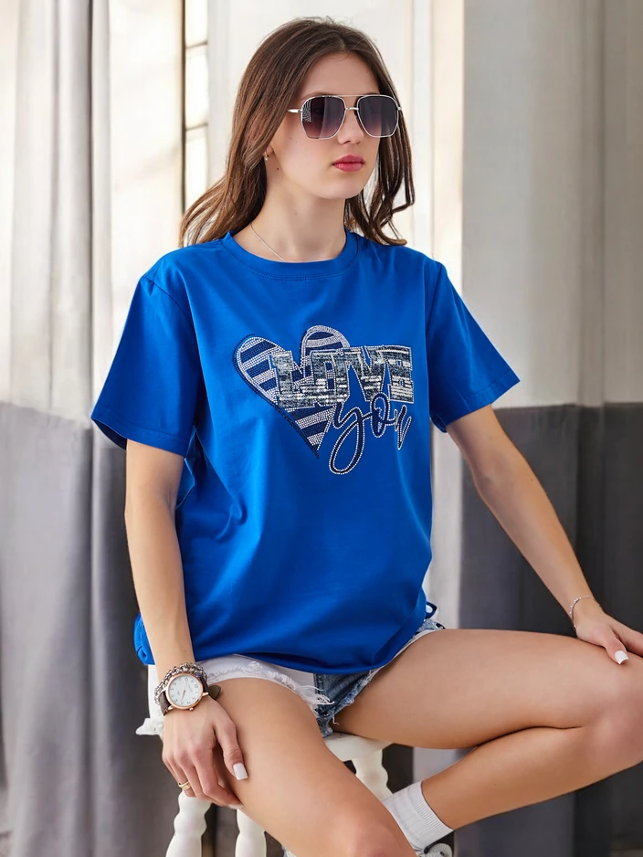 Royalfashion Женска памучна тениска LOVE с камъчета