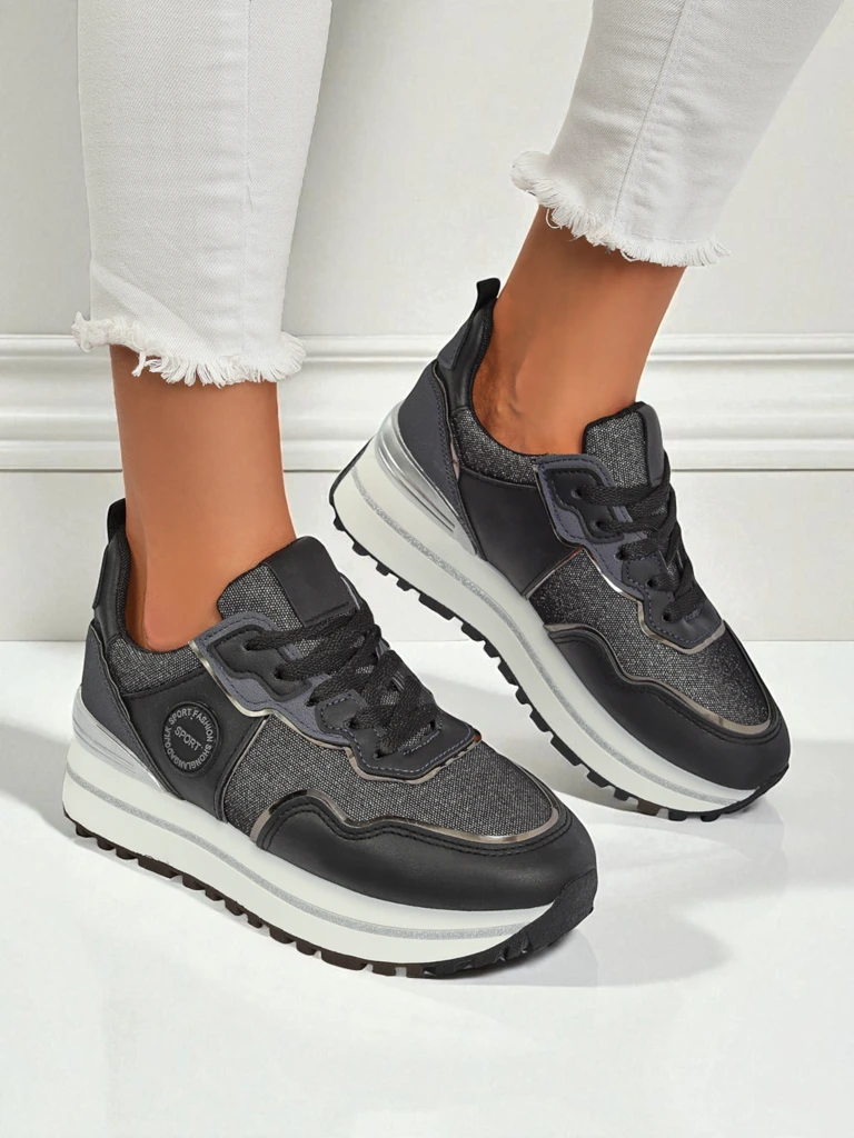 Дамски сникърси Callista Nero на платформа 4 см, екологична кожа