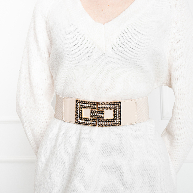 Beżowy damski elastyczny pasek ze złotą klamrą z cyrkoniami - Akcesoria