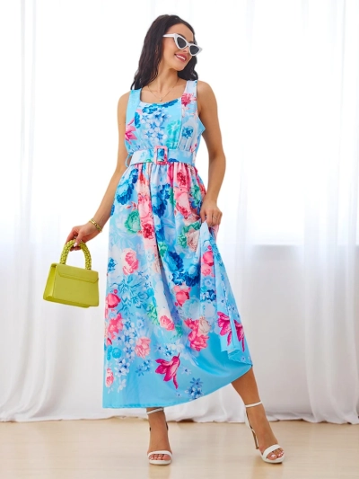 Рокля от вискоза миди с презрамки Royalfashion за жени, с колан в различни флорални шарки