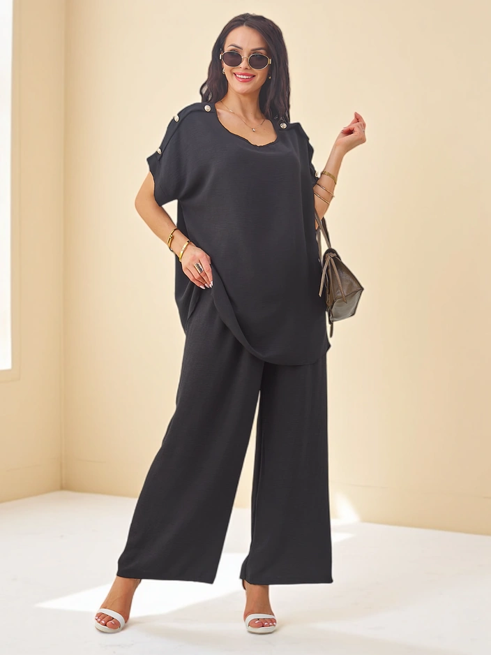 Royalfashion Женски памучен комплект с къс ръкав и широки панталони