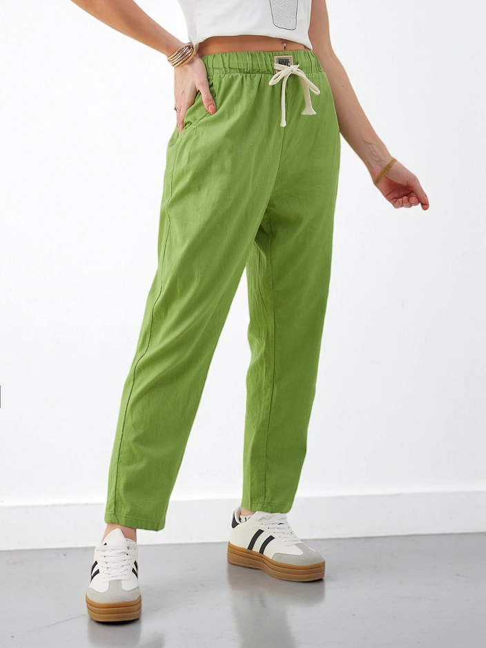 Royalfashion Дамски обикновени памучни панталони с връзка на талията