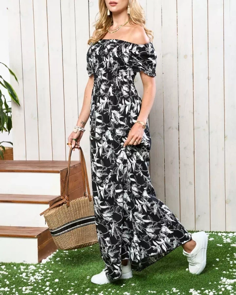 Черно-бяла дамска макси рокля с принт - Облекло