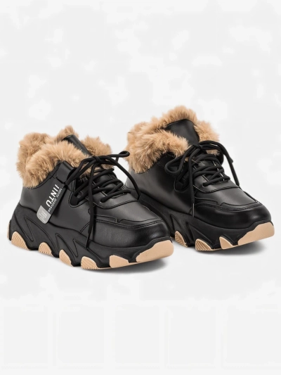 Czarne sportowe sneakersy damskie z futerkiem Nonua- Obuwie