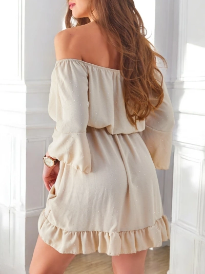 Royalfashion Дамска мини рокля с голи рамене и дълги ръкави, украсена с камъчета