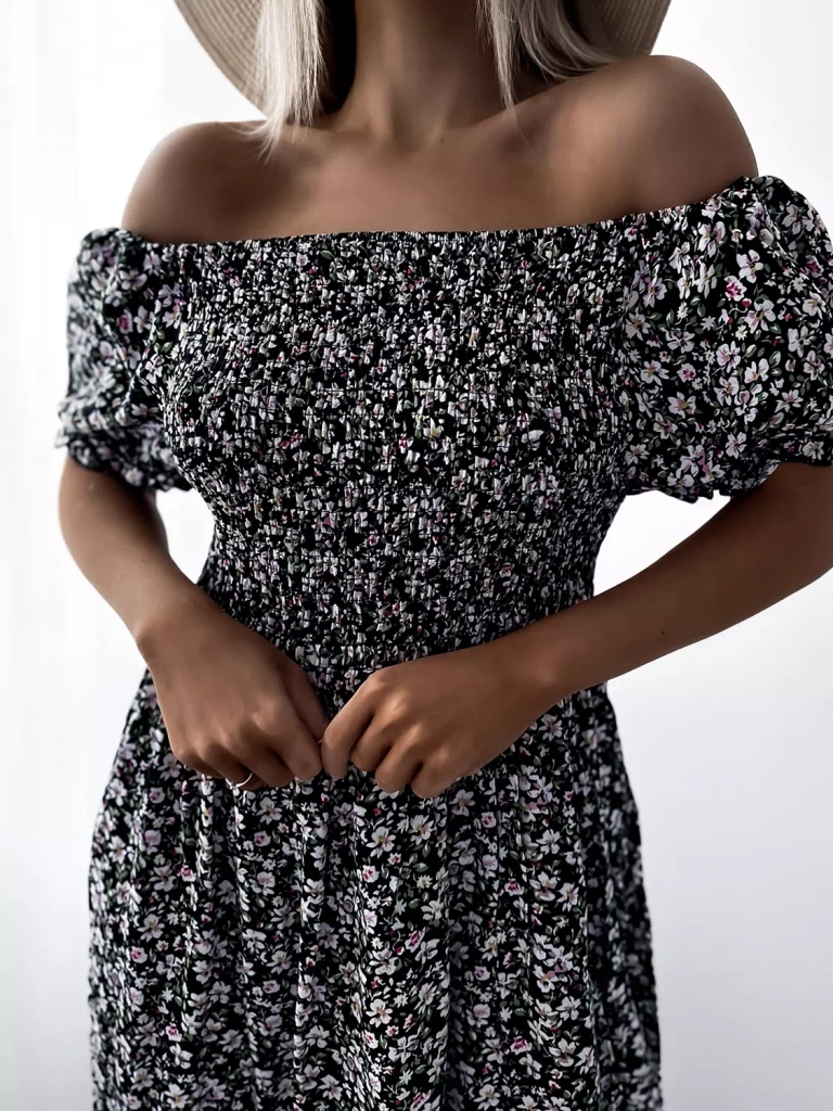 Черна дамска флорална миди рокля - Облекло