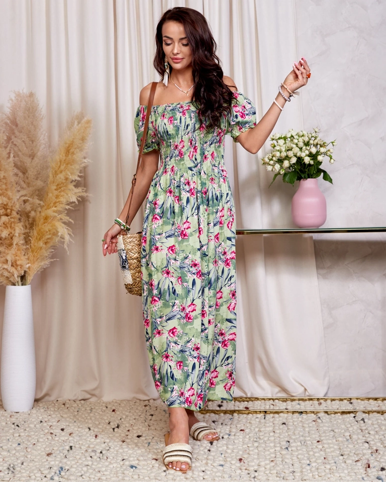 Зелена дамска флорална миди рокля - Облекло