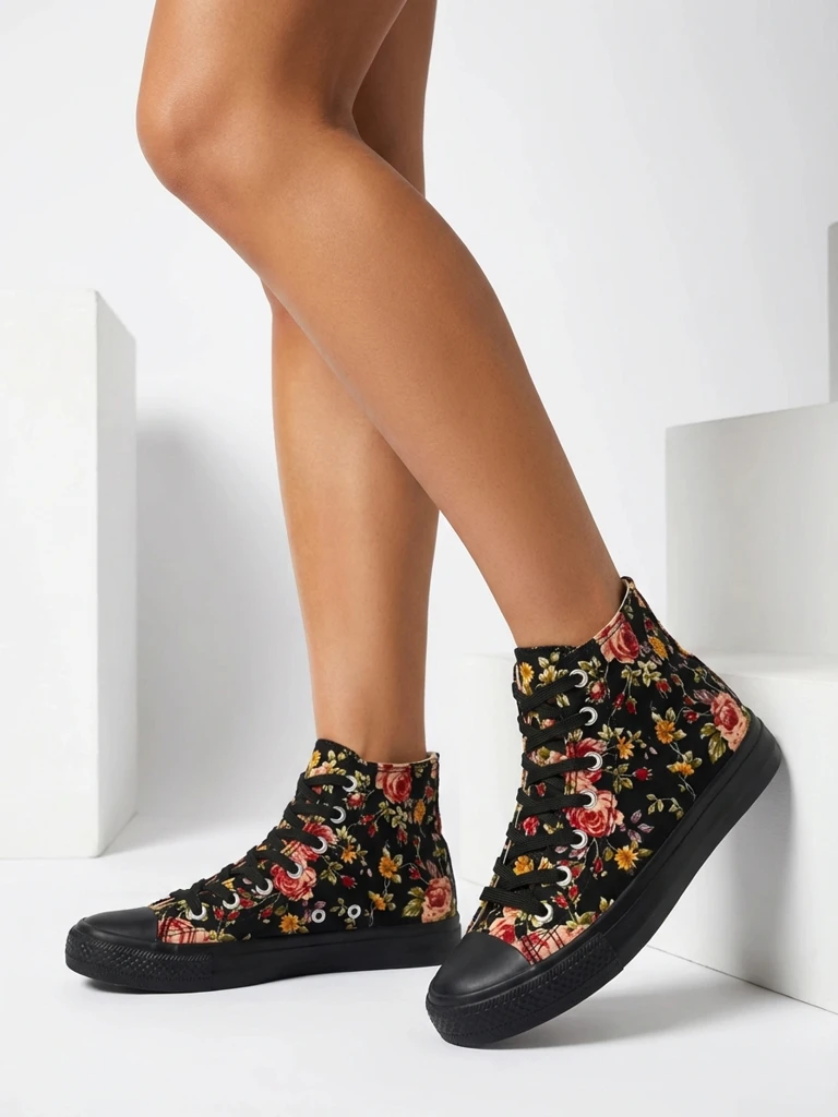 Royalfashion Дамски високи черни маратонки с флорален принт Fahenna
