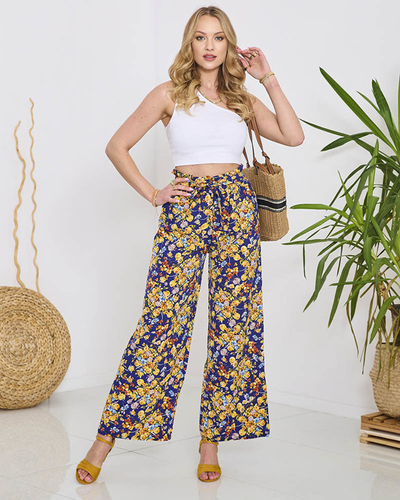 Дамски сини панталони палацо с тъмносини цветя - Облекло