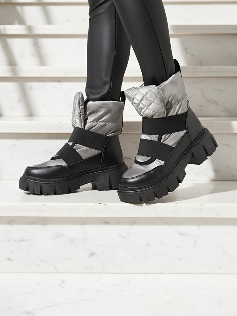 Дамски ботуши за сняг с равна подметка в черно-сиво Ferory- Footwear