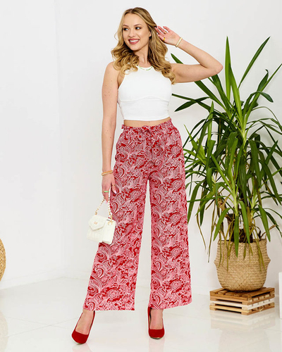 Червени дамски панталони от плат с щампа - Облекло