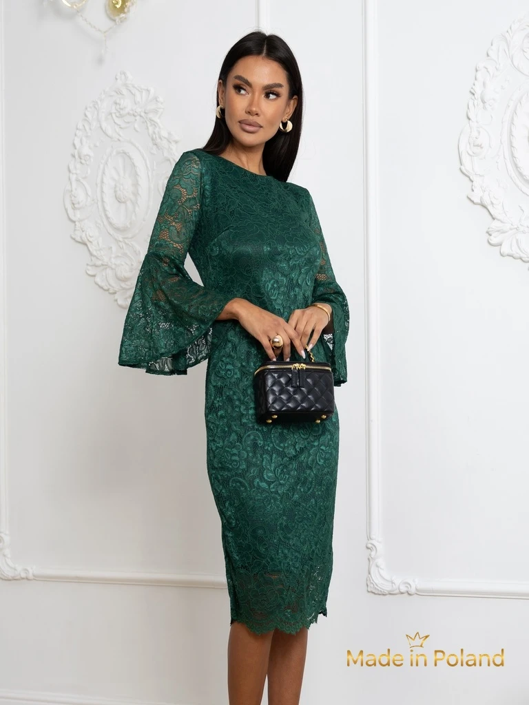 Дамска миди рокля с дантела и широки ръкави Holly Wow