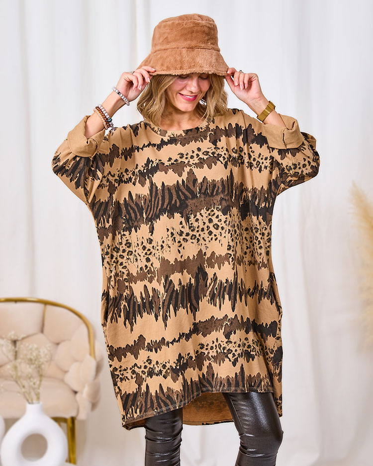 Royalfashion Десенирана дамска светлокафява рокля