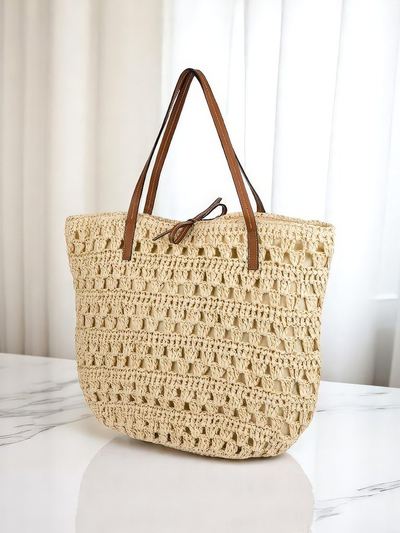 Royalfashion Голяма дамска чанта от слама - Натурален класически стил