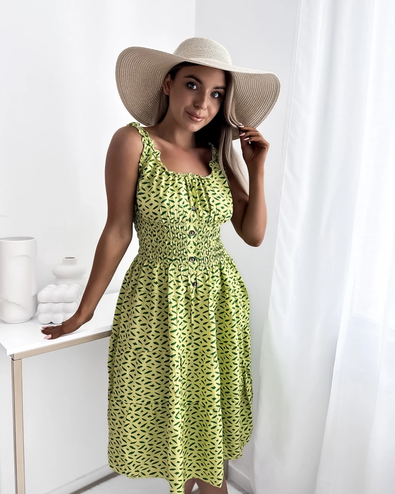 Дамска рокля с дължина до коляното и принт в зелено- Облекло