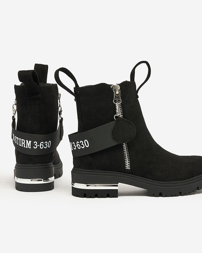 Royalfashion Черни ботуши от еко велур с каишка и ципове Redmisala