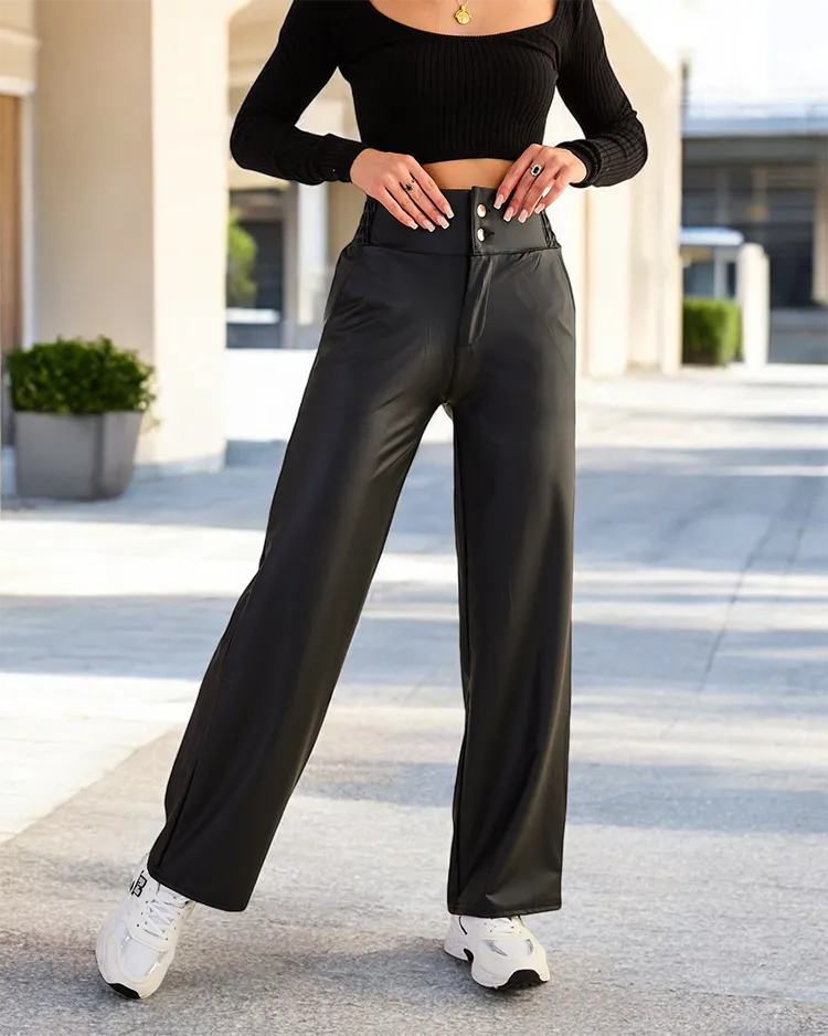 Royalfashion Дамски широки панталони от еко кожа