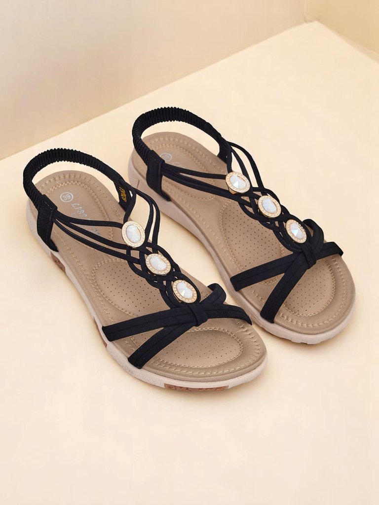 Дамски сандали Royalfashion Callista – черни еспадрили с цирконии за лятото