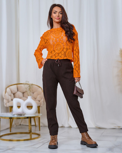 Royalfashion Тъмнокафяв дамски панталон от велур