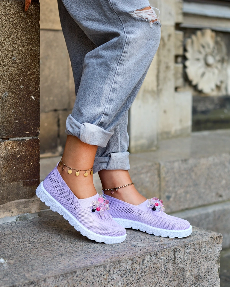 Royalfashion Лилави дамски мокасини от плат с кристали Fezens