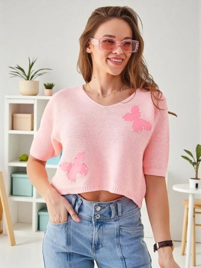Royalfashion дамски памучен къс пуловер с пеперуди