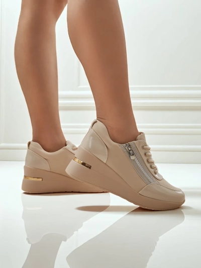Дамски сникърси на платформа HeraBea бежови от екологична кожа 6,5 см с цип