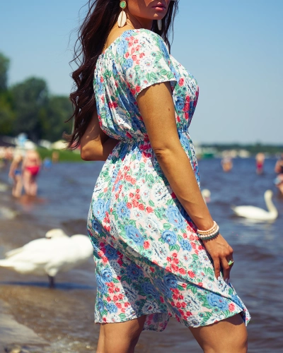 Royalfashion Дамска мини рокля с флорални мотиви a'la hiszpanka в синьо